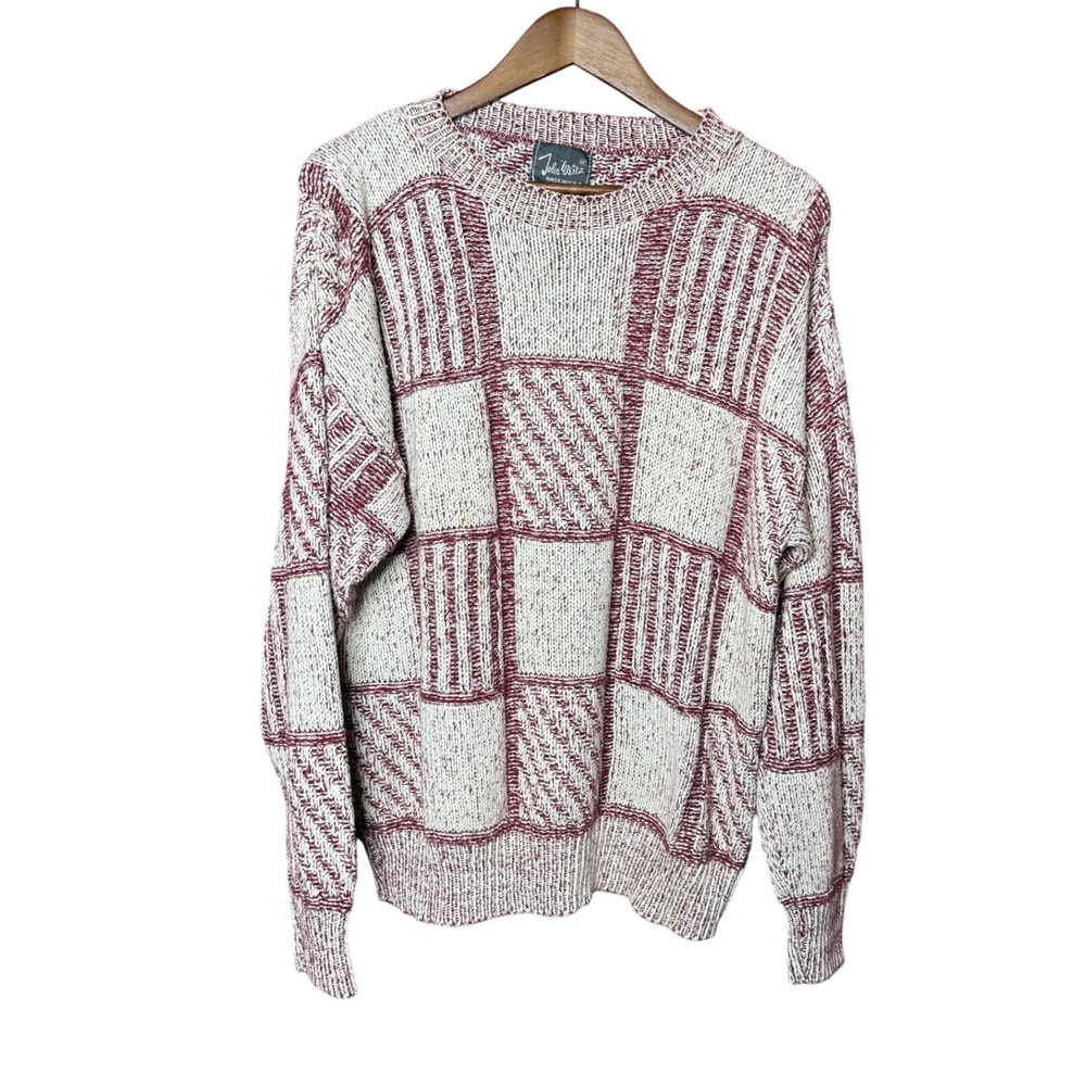 Vintage John Weitz Men Medium‎ 90s Patchwork Crewneck Sweater Maroon Cream USA
